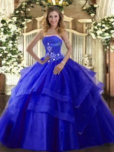 Royal Blue Sleeveless Beading and Ruffled Layers Floor Length Quinceanera Gowns