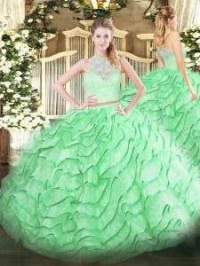 Excellent Apple Green Scoop Zipper Lace and Ruffles Sweet 16 Dresses Brush Train Sleeveless