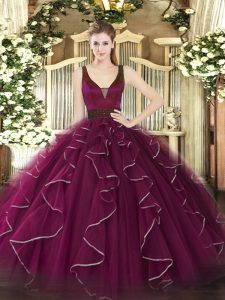 Fuchsia Sleeveless Tulle Zipper Quinceanera Gown for Military Ball and Quinceanera