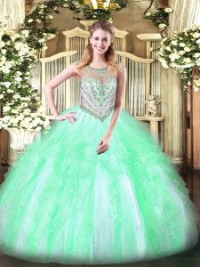 Floor Length Zipper Sweet 16 Dresses Apple Green for Military Ball and Sweet 16 and Quinceanera with Beading and Ruffles
