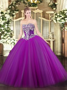 Purple Ball Gowns Tulle Strapless Sleeveless Beading Floor Length Lace Up Vestidos de Quinceanera