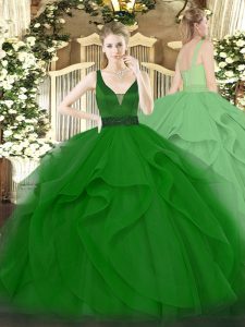 Custom Designed Straps Sleeveless Sweet 16 Dress Floor Length Beading and Ruffles Dark Green Tulle
