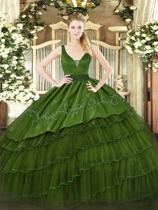 Suitable Dark Green Sleeveless Floor Length Beading and Embroidery and Ruffled Layers Zipper Sweet 16 Dresses