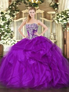 Clearance Strapless Sleeveless Quinceanera Dress Floor Length Beading and Ruffles Purple Organza