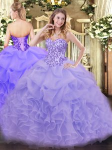 Delicate Lavender Ball Gowns Appliques and Ruffles 15th Birthday Dress Lace Up Organza Sleeveless Floor Length