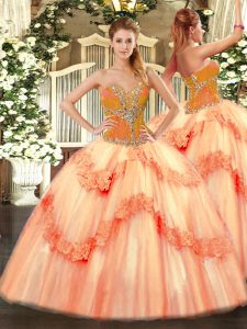 Peach Lace Up Sweetheart Beading Sweet 16 Quinceanera Dress Tulle Sleeveless