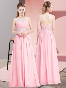 Eye-catching Floor Length Pink Prom Gown Chiffon Sleeveless Beading