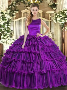 Eggplant Purple Lace Up Scoop Ruffled Layers 15th Birthday Dress Organza Sleeveless