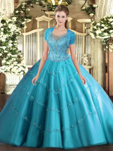 Modern Aqua Blue Tulle Clasp Handle 15 Quinceanera Dress Sleeveless Floor Length Beading and Appliques