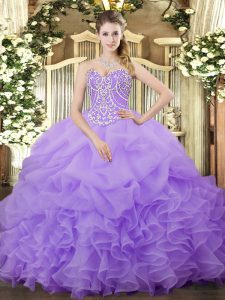Lilac Ball Gowns Organza Sweetheart Sleeveless Beading and Ruffles and Pick Ups Floor Length Lace Up 15 Quinceanera Dress