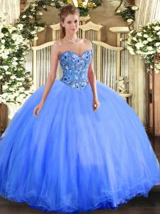 Embroidery Quince Ball Gowns Blue Lace Up Sleeveless Floor Length