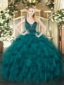 Organza Straps Sleeveless Zipper Beading and Ruffles 15 Quinceanera Dress in Teal