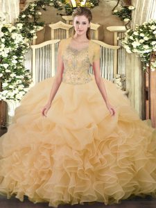 Exquisite Champagne Clasp Handle Scoop Beading and Ruffled Layers Sweet 16 Dresses Tulle Sleeveless