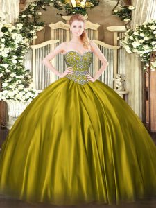 Pretty Olive Green Ball Gowns Sweetheart Sleeveless Satin Floor Length Lace Up Beading 15 Quinceanera Dress