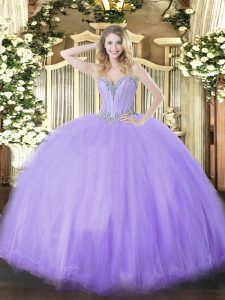 Dramatic Floor Length Lace Up Sweet 16 Quinceanera Dress Lavender for Military Ball and Sweet 16 and Quinceanera with Beading