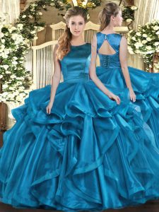 Romantic Teal Ball Gowns Ruffles Quince Ball Gowns Lace Up Organza Sleeveless Floor Length
