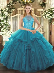 Glorious Teal Organza Lace Up Sweet 16 Quinceanera Dress Sleeveless Asymmetrical Beading and Ruffles