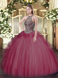 Floor Length Lace Up Quinceanera Dress Burgundy for Sweet 16 and Quinceanera with Beading