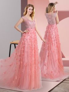 Glamorous Zipper Evening Dress Pink for Prom and Party with Beading and Appliques Sweep Train