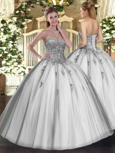 Floor Length Grey Sweet 16 Quinceanera Dress Tulle Sleeveless Beading and Appliques