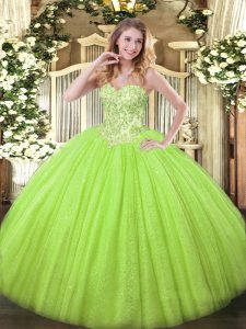 Floor Length Lace Up Quinceanera Gown Yellow Green for Sweet 16 and Quinceanera with Appliques