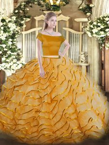 On Sale Orange Two Pieces Appliques and Ruffled Layers Sweet 16 Dresses Zipper Tulle Short Sleeves