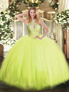 Noble Floor Length Lace Up Sweet 16 Dress Yellow Green for Military Ball and Sweet 16 and Quinceanera with Beading