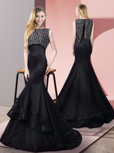 Low Price Floor Length Zipper Black for Prom and Party with Beading Sweep Train