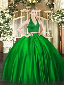 Green Halter Top Zipper Ruching Quinceanera Gowns Sleeveless