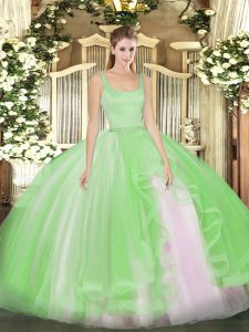 Chic Zipper Straps Beading Quince Ball Gowns Tulle Sleeveless
