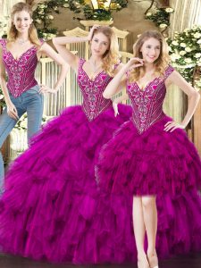 Luxury Fuchsia V-neck Lace Up Beading and Ruffles Quince Ball Gowns Sleeveless