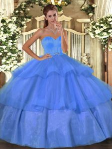 Inexpensive Baby Blue Sleeveless Organza Lace Up Quinceanera Gowns for Military Ball and Sweet 16 and Quinceanera