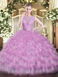 Colorful Tulle Scoop Sleeveless Backless Beading and Ruffled Layers 15 Quinceanera Dress in Lilac