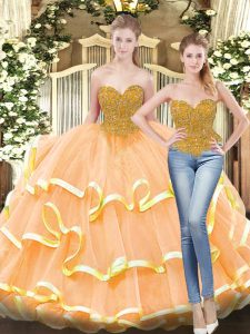 Peach Sweetheart Neckline Beading and Ruffled Layers Ball Gown Prom Dress Sleeveless Lace Up