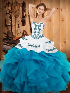 Teal Ball Gowns Satin and Organza Strapless Sleeveless Embroidery and Ruffles Floor Length Lace Up Sweet 16 Quinceanera Dress