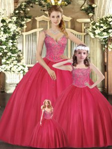 Elegant Floor Length Hot Pink Ball Gown Prom Dress Tulle Sleeveless Beading