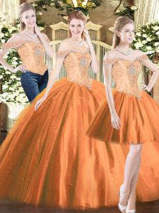 Deluxe Off The Shoulder Sleeveless Sweet 16 Dress Floor Length Beading Orange Red Tulle