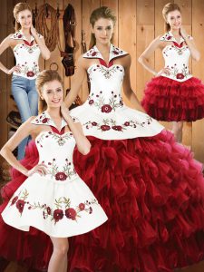 Wine Red Halter Top Neckline Embroidery and Ruffled Layers Quinceanera Gowns Sleeveless Lace Up
