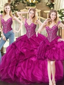 Custom Designed Sleeveless Organza Floor Length Lace Up Vestidos de Quinceanera in Fuchsia with Ruffles