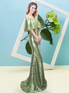 Yellow Green Half Sleeves Floor Length Sequins Zipper Dress for Prom