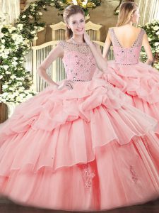 Sleeveless Floor Length Beading and Ruffles and Pick Ups Zipper Sweet 16 Dress with Baby Pink