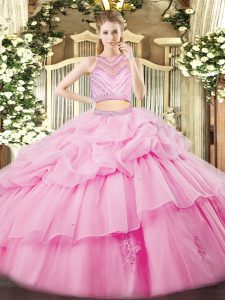 Classical High-neck Sleeveless 15 Quinceanera Dress Floor Length Beading and Ruffles Rose Pink Tulle