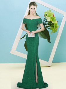 Fashion Dark Green Sequined Zipper Prom Evening Gown Short Sleeves Sweep Train Sequins