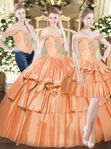 Fine Floor Length Orange Red Quinceanera Dress Off The Shoulder Sleeveless Lace Up