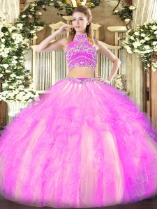 Most Popular Lilac Two Pieces Beading and Ruffles Quinceanera Gowns Backless Tulle Sleeveless Floor Length