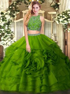Beading and Ruffled Layers 15 Quinceanera Dress Olive Green Zipper Sleeveless Floor Length