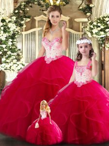 Red Sleeveless Tulle Lace Up Sweet 16 Dresses for Military Ball and Sweet 16 and Quinceanera