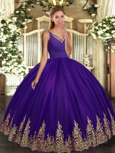 Purple Sleeveless Floor Length Appliques Backless Quinceanera Dress