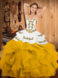 Yellow And White Satin and Organza Lace Up Ball Gown Prom Dress Sleeveless Floor Length Embroidery and Ruffles