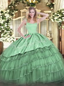 Charming Embroidery and Ruffled Layers Sweet 16 Dress Green Zipper Sleeveless Floor Length